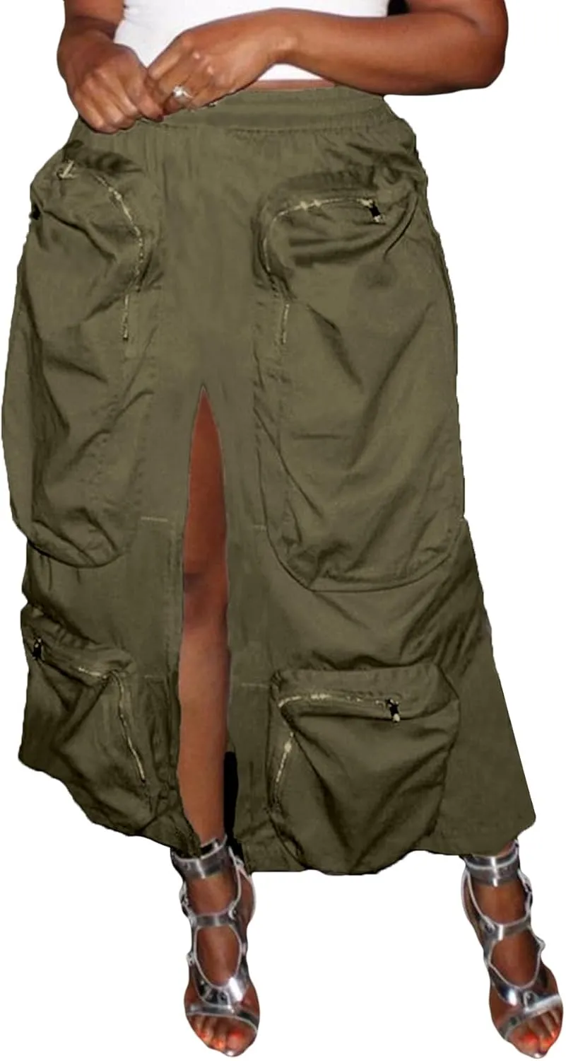 LAJIOJIO Cargo Skirts High Waisted Skirts for Women Front Split Slim Fit Casual Maxi Skirt Streetwear