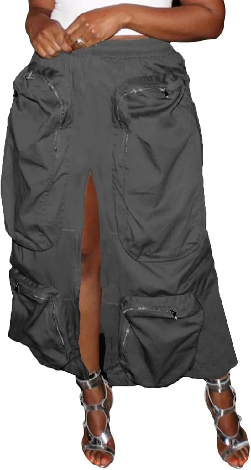 LAJIOJIO Cargo Skirts High Waisted Skirts for Women Front Split Slim Fit Casual Maxi Skirt Streetwear