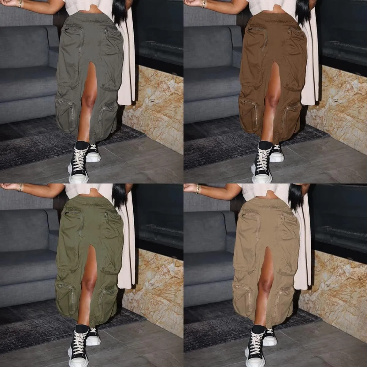 LAJIOJIO Cargo Skirts High Waisted Skirts for Women Front Split Slim Fit Casual Maxi Skirt Streetwear