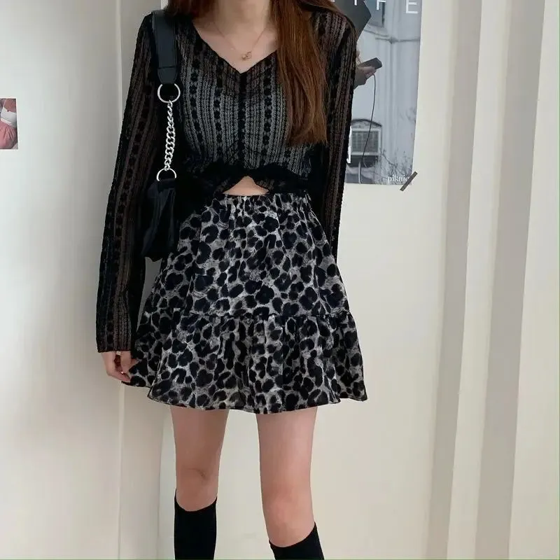 Leopard Print Ruffle Coquette Street Patchwork Skirt