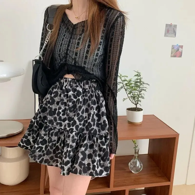 Leopard Print Ruffle Coquette Street Patchwork Skirt