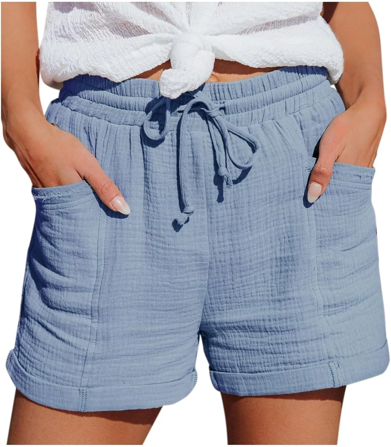Linen Shorts for Women Casual Drawstring Elastic Waist Summer Shorts Wide Leg Lightweight Lounge Shorts with Pockets
