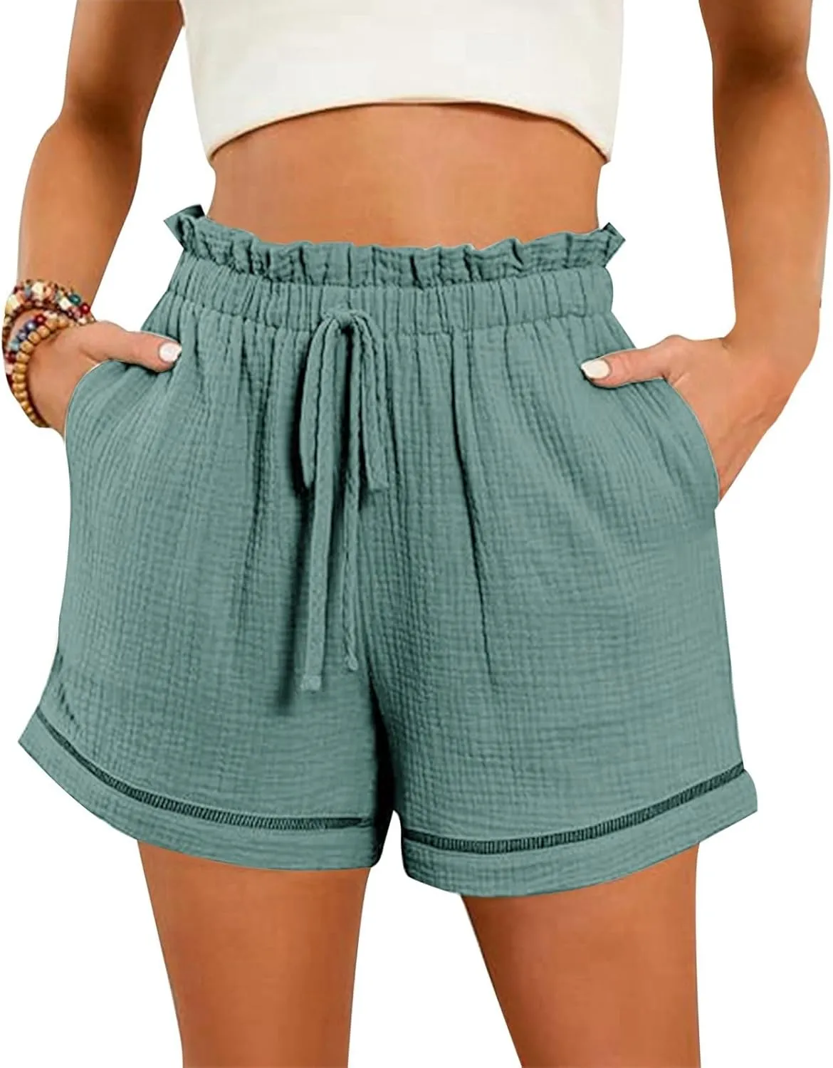 Linen Shorts for Women High Waisted Elastic Waist Summer Beach Shorts Casual Short Pants with Pockets