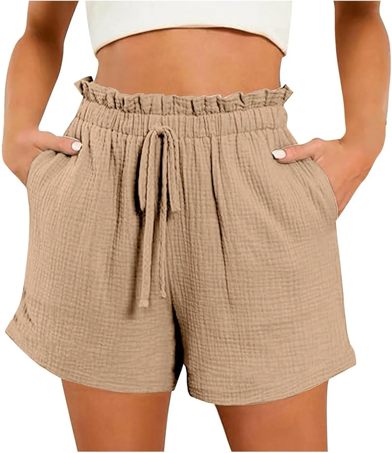 Linen Shorts for Women High Waisted Elastic Waist Summer Beach Shorts Casual Short Pants with Pockets