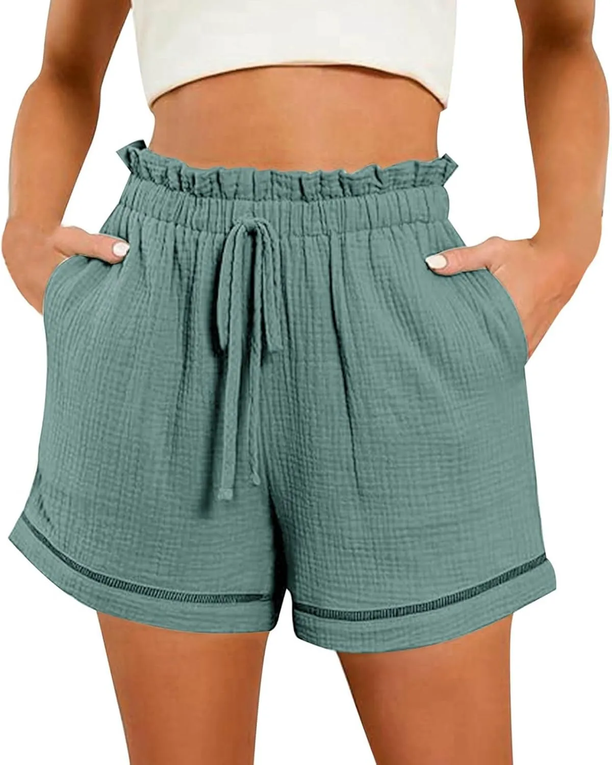 Linen Shorts for Women High Waisted Elastic Waist Summer Beach Shorts Casual Short Pants with Pockets