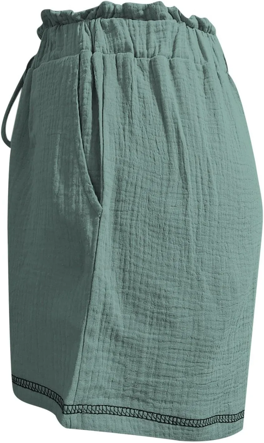 Linen Shorts for Women High Waisted Elastic Waist Summer Beach Shorts Casual Short Pants with Pockets