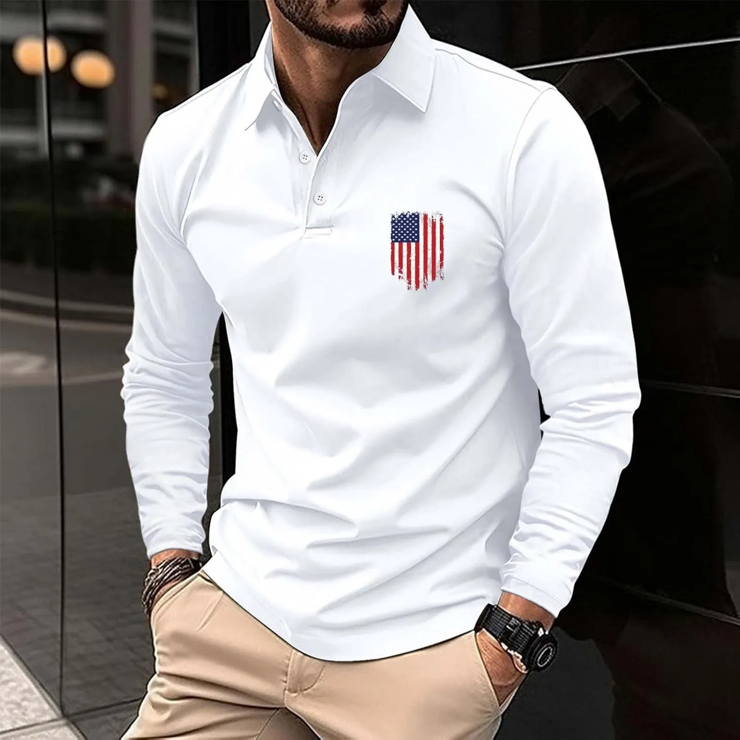 Long Sleeve Polo Shirts for Men Fashion America Flag Graphic Golf T Shirts Oversized Classic Work Office Pullover Top