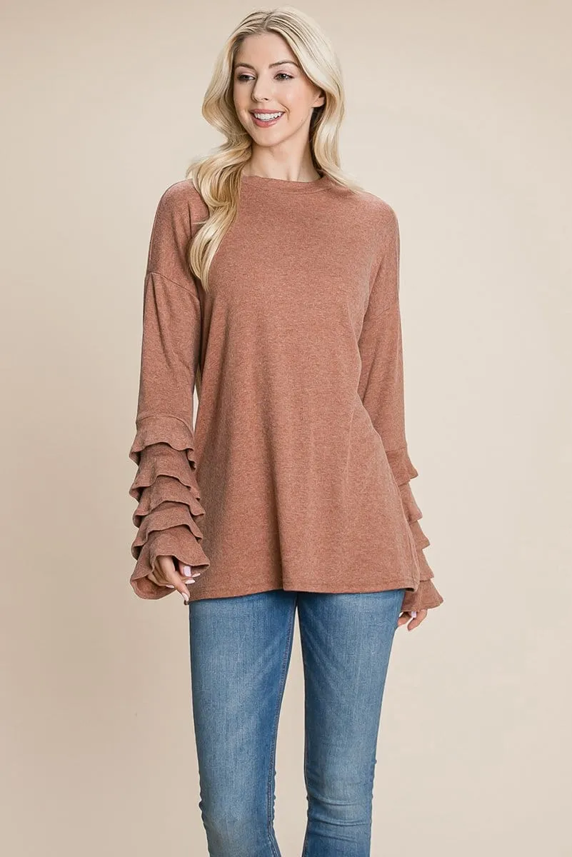 Long Sleeve Ruffle Layered Shirred Sweaters Shirts