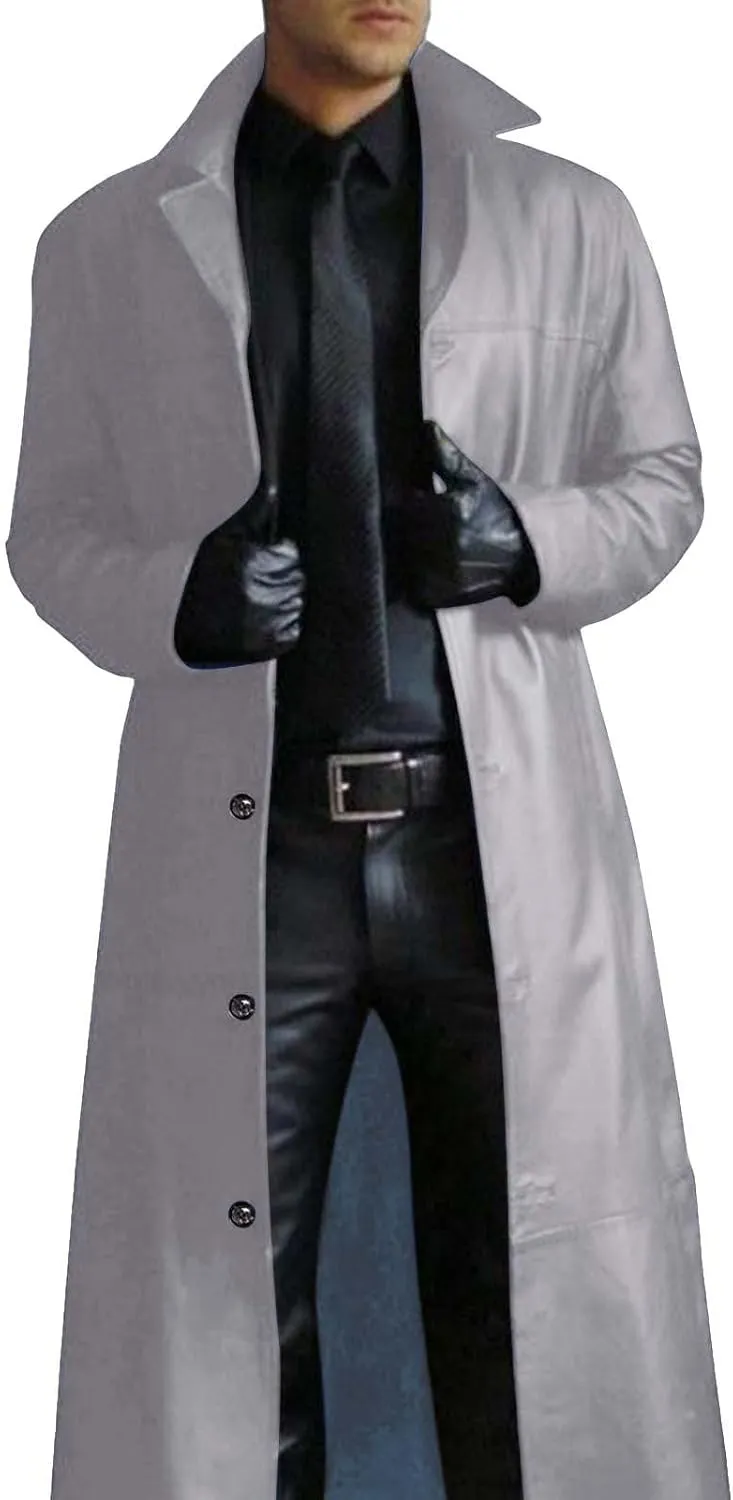 Men Pu Leather Trench Coat Classic Faux Leather Long Jacket Long Sleeve Open Front Cardigan Steampunk Gothic Overcoat