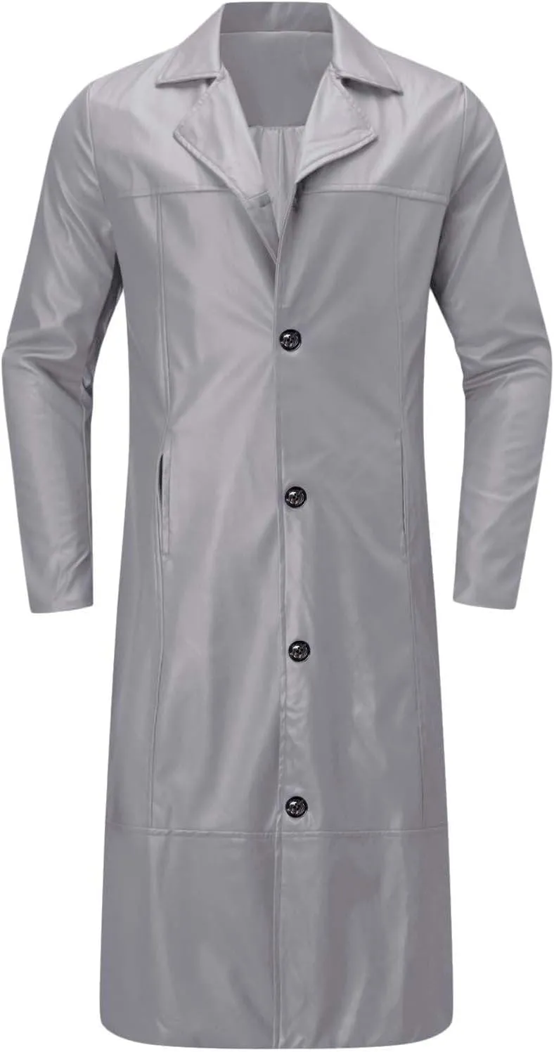Men Pu Leather Trench Coat Classic Faux Leather Long Jacket Long Sleeve Open Front Cardigan Steampunk Gothic Overcoat