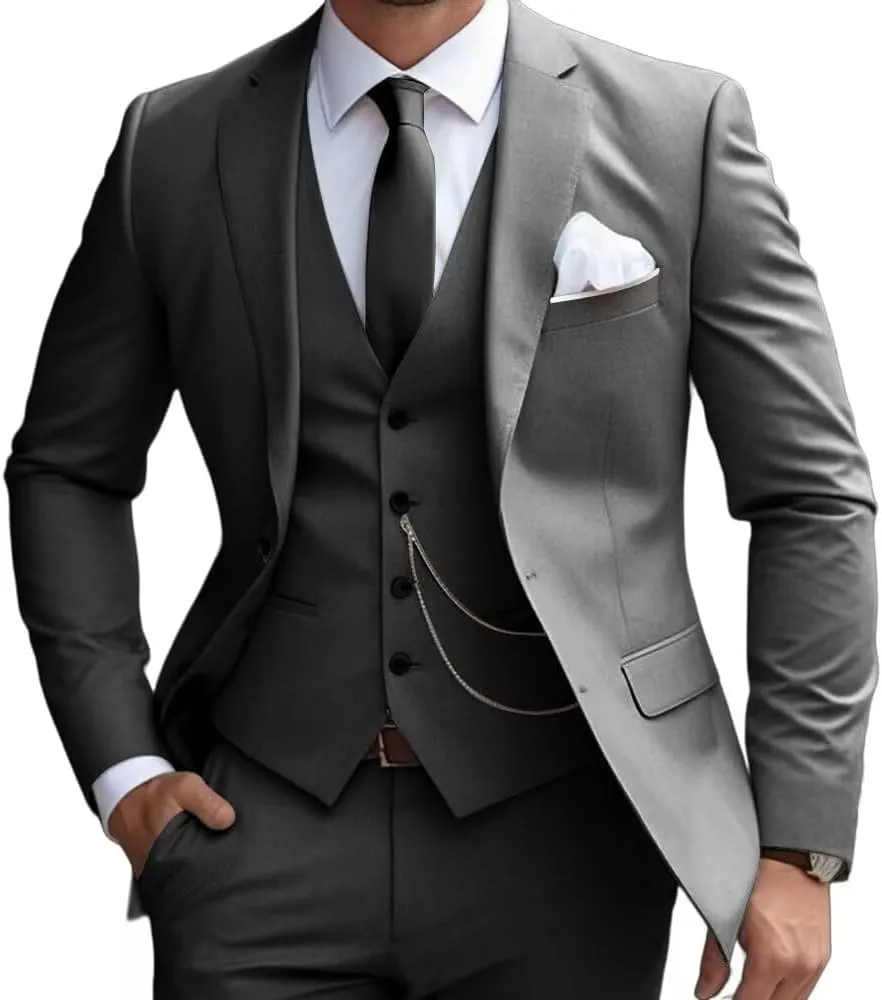 Mens 3 Pieces Classic Suit Wedding Blazer Grooms Jackets Vests Pants Suits