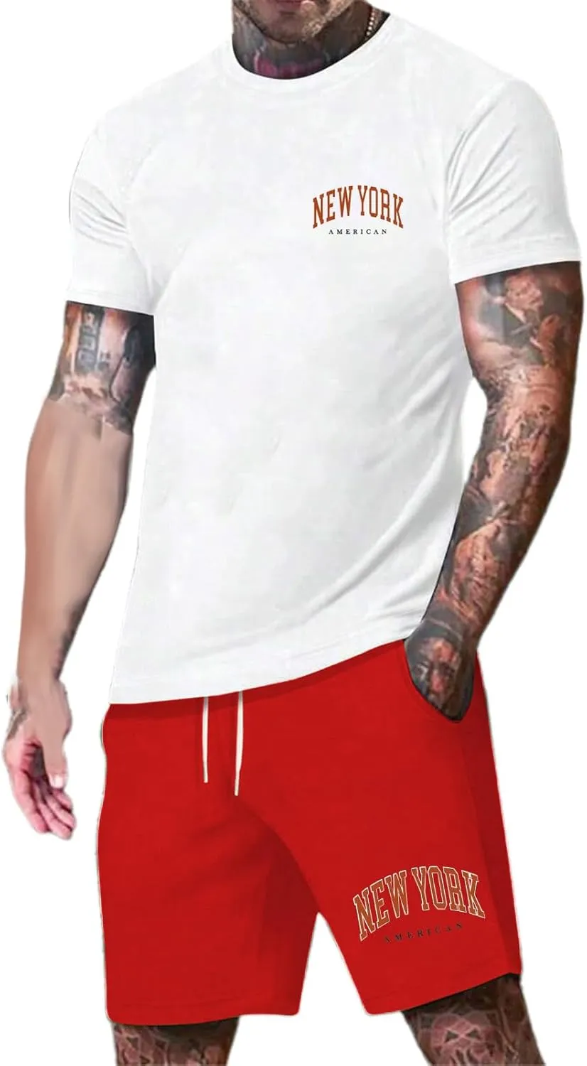 Mens Beach Outfits 2 Piece Shorts Short Sleeve New York Print Shirts And Shorts Loose Comfy Shorts Tracksuits