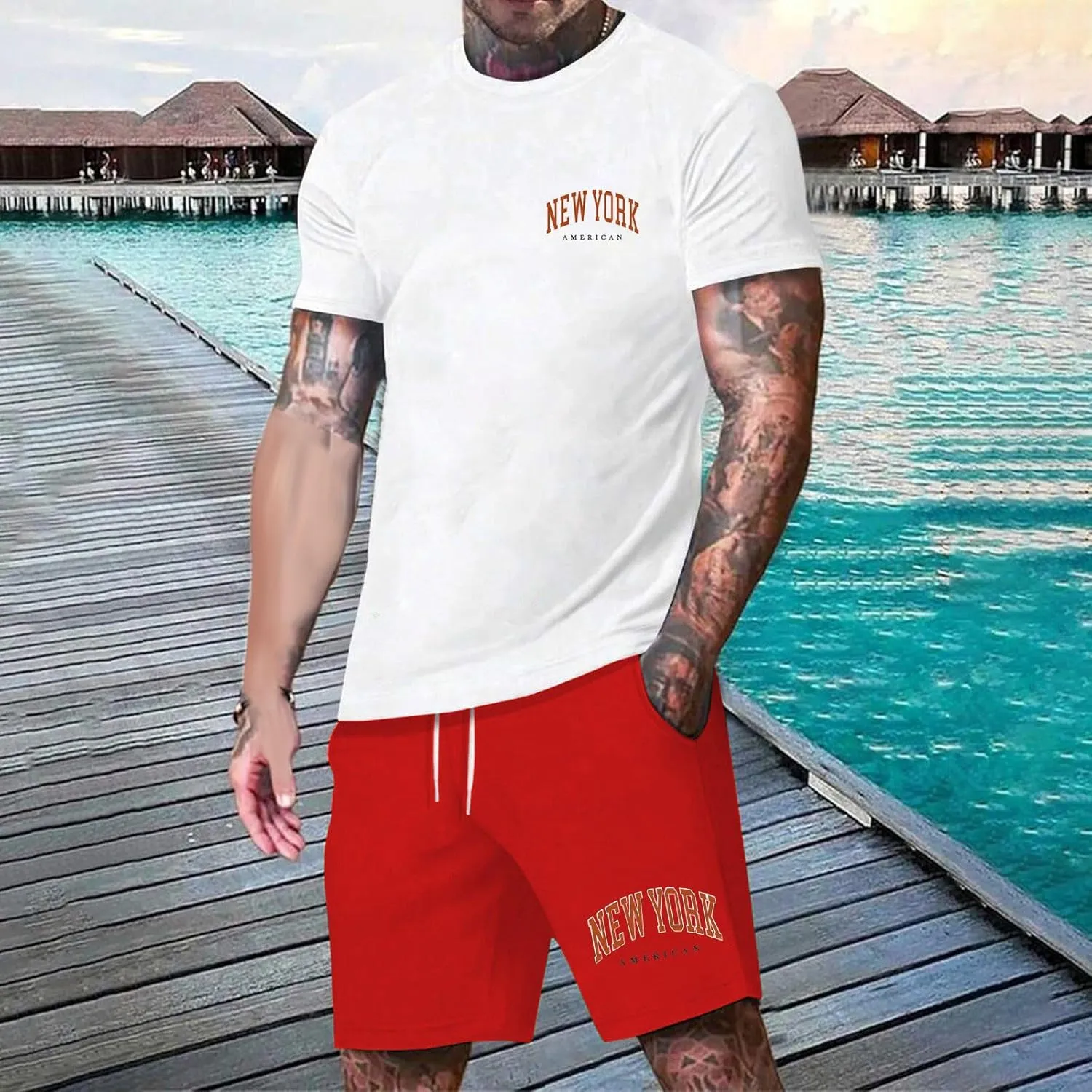 Mens Beach Outfits 2 Piece Shorts Short Sleeve New York Print Shirts And Shorts Loose Comfy Shorts Tracksuits