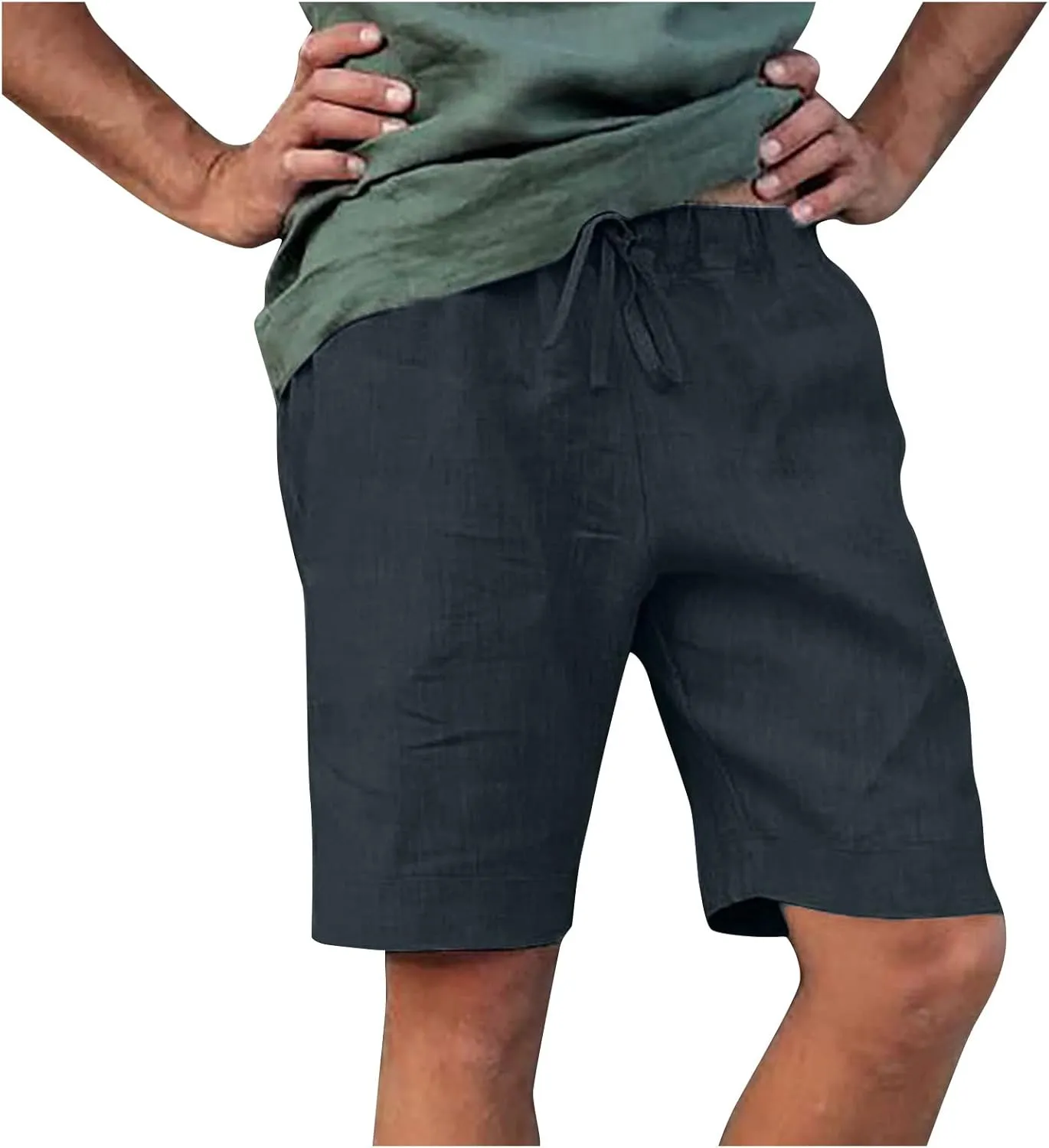 Men's Linen Shorts Casual Classic Short Elastic Waist Summer Beach Lightweight Board Slim-Fit with Pockets