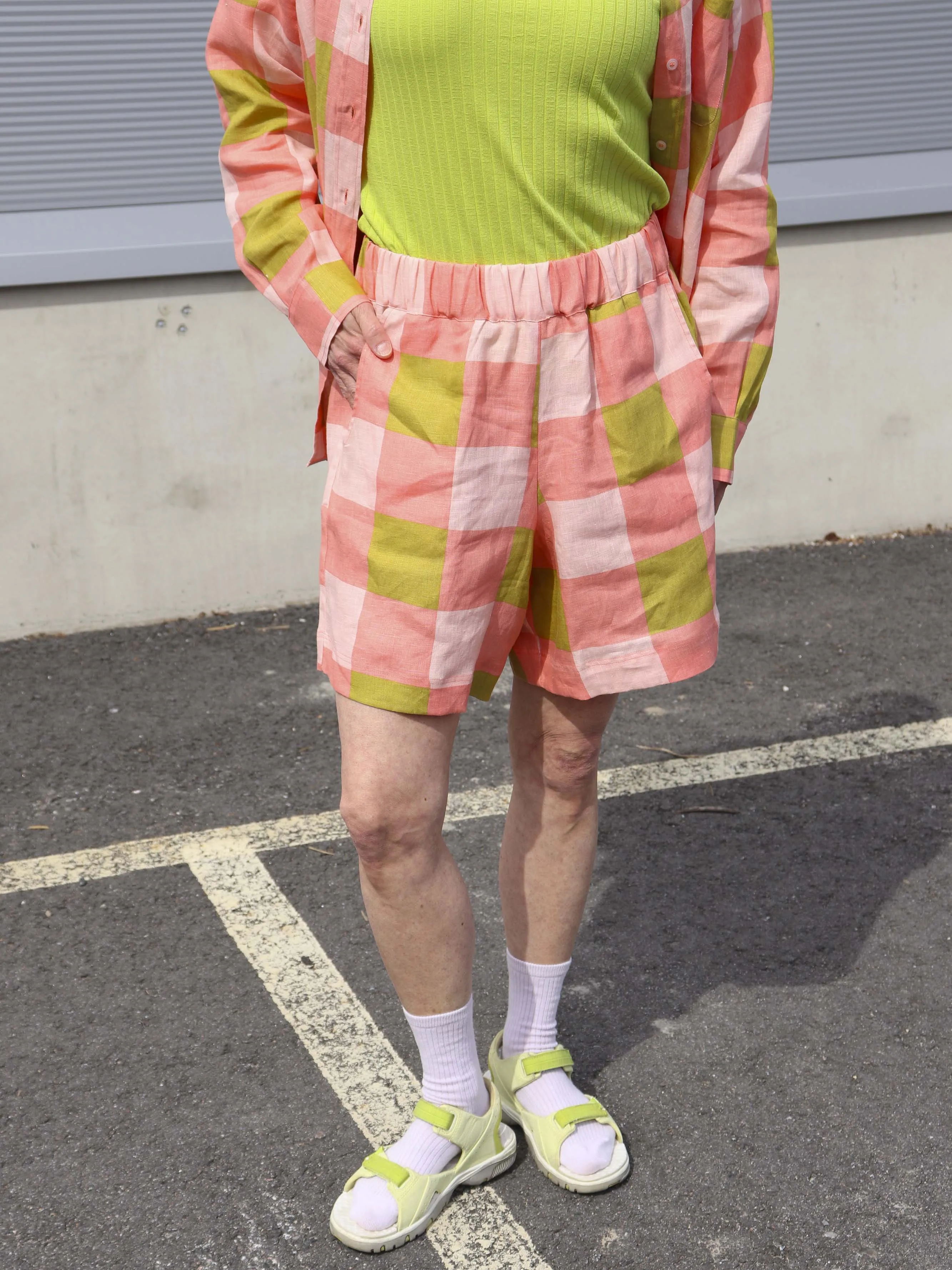 Michel Linen Shorts Xadrez Rose