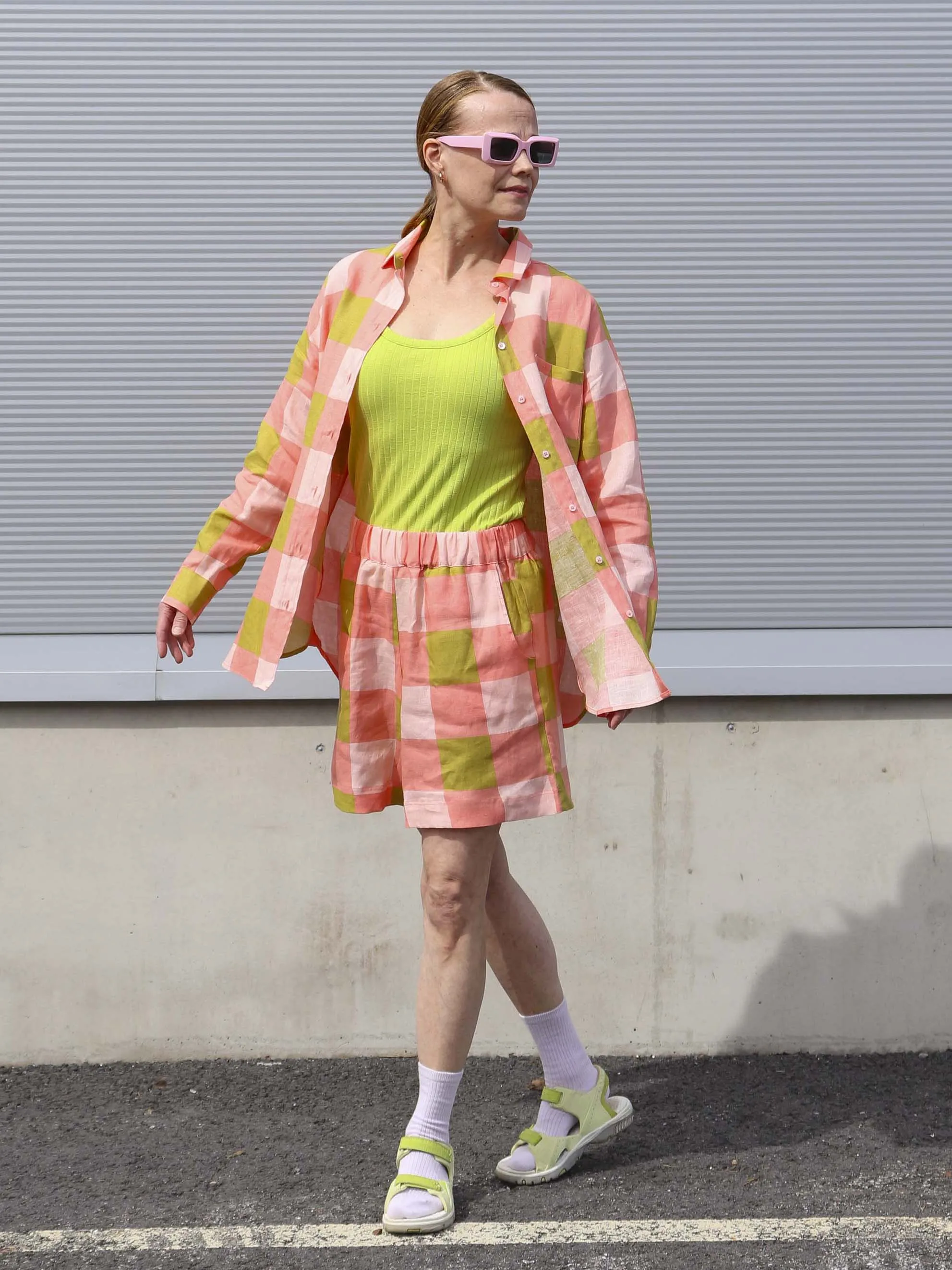 Michel Linen Shorts Xadrez Rose