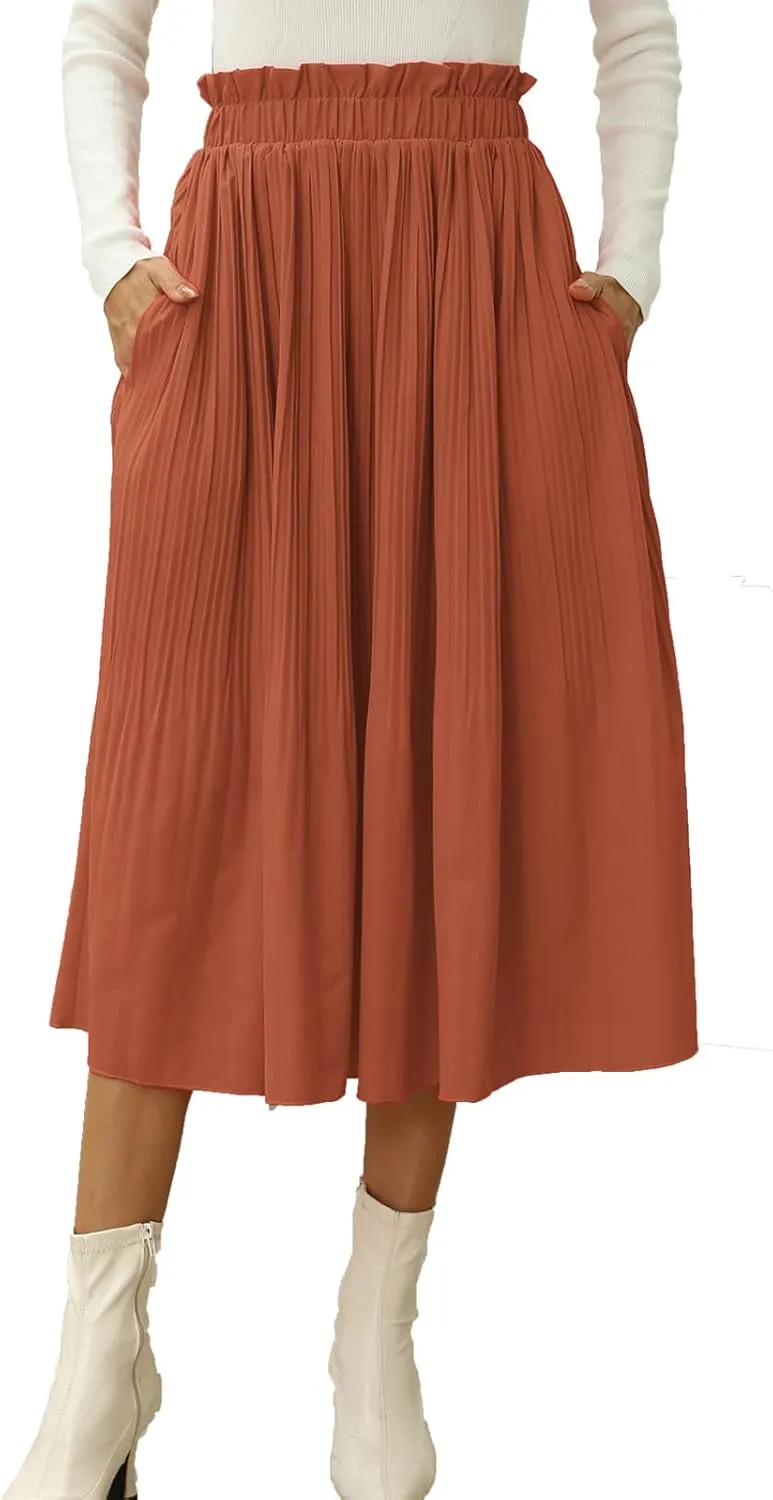 Naggoo Women's Skirts High Elastic Waisted Casual Skirt Pleated Floral/Solid Midi Skirts with Pockets