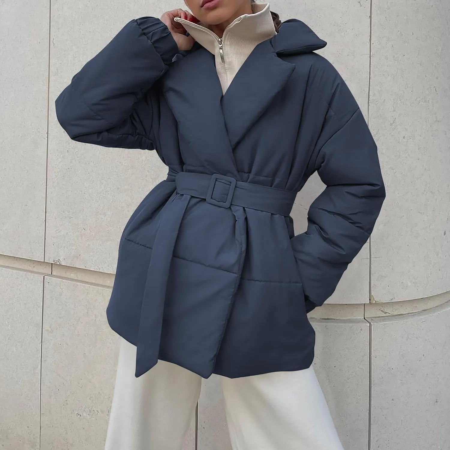 Open Front Down Jackets for Women Winter Puffer Coats Plus Size Baggy Lightweight Jacket & Belt Collared Warm Outwear