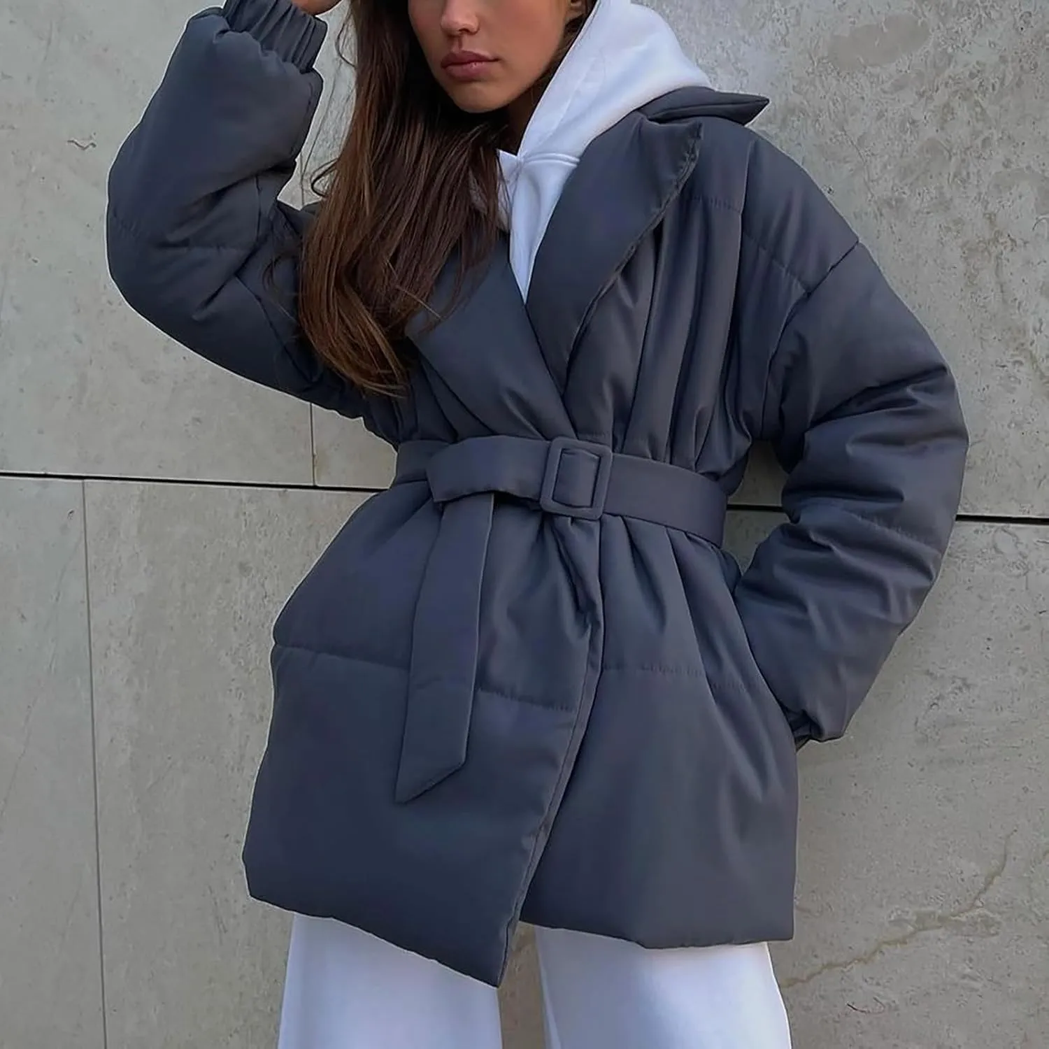Open Front Down Jackets for Women Winter Puffer Coats Plus Size Baggy Lightweight Jacket & Belt Collared Warm Outwear
