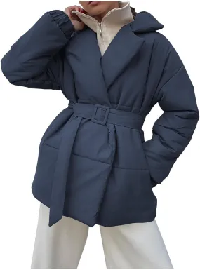 Open Front Down Jackets for Women Winter Puffer Coats Plus Size Baggy Lightweight Jacket & Belt Collared Warm Outwear