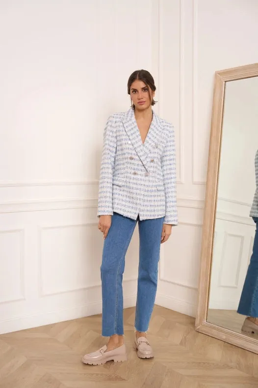 Plaid Tweed Blazer Jacket Sky Blue