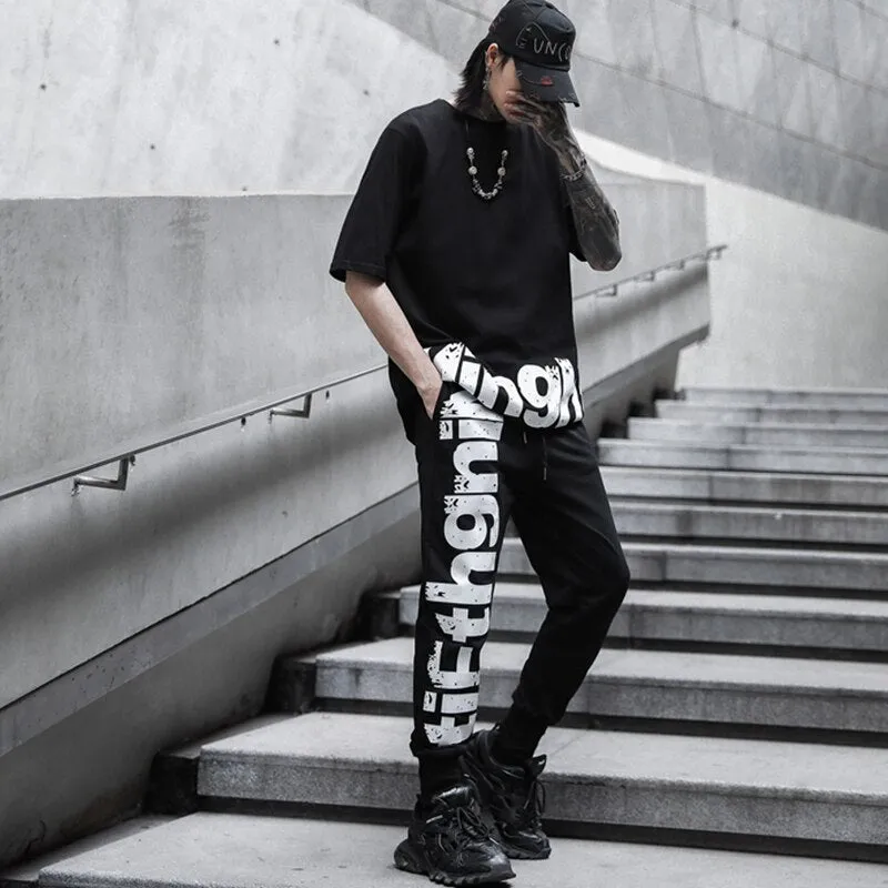 Printed Letter Drawstring Hip Hop Style Men Joggers