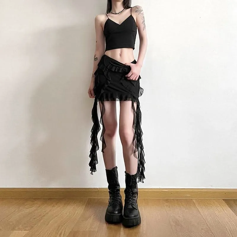 Ruffle mesh solid mini skirt