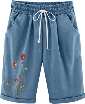 Rvidbe Women's Casual Summer Bermuda Shorts Drawstring Elastic Waist Long Linen Walk Short Knee Length with Pockets Bermuda Shorts for Women Knee Length High Waisted Shorts Women