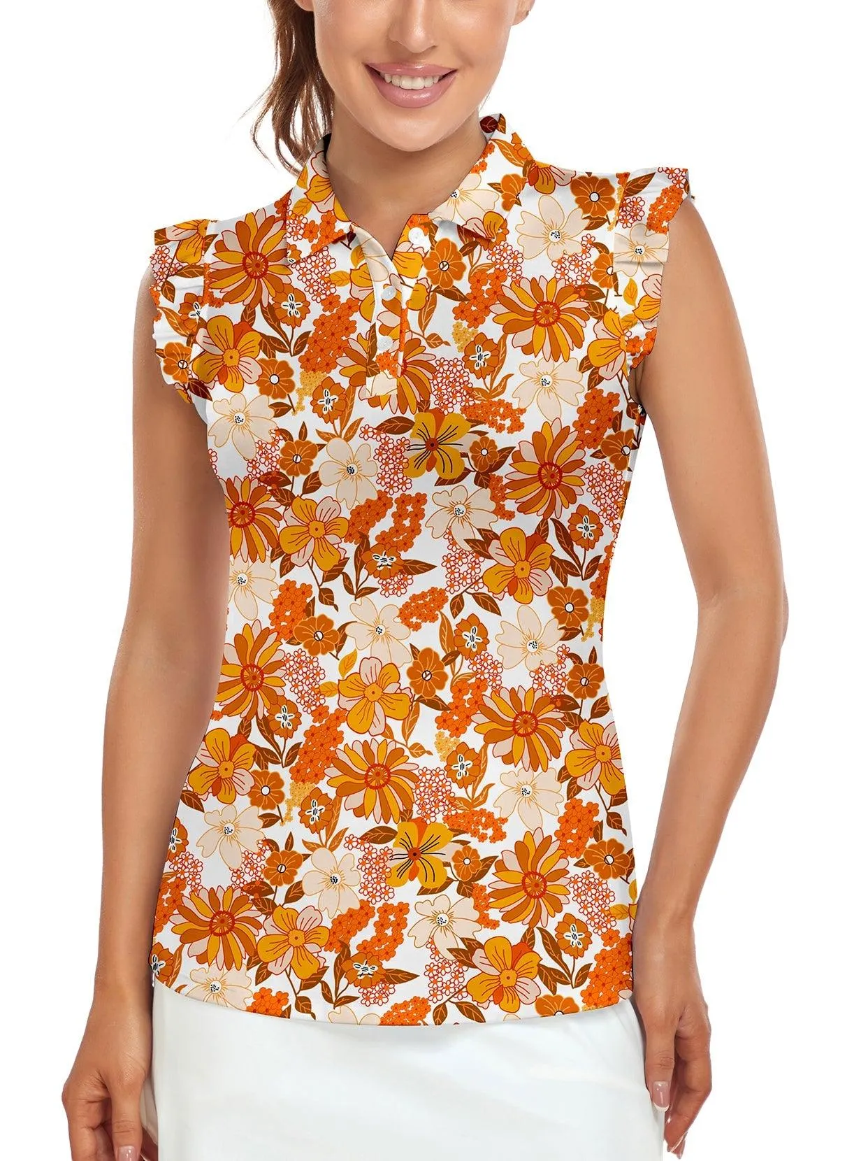 Soneven Ladies Golf Sleeveless Floral Athletic Polo Shirts-💃🏼SO® Orange Floral Ruffle Sleeve Shirts Button Closure Moisture Wicking Tennis Shirts