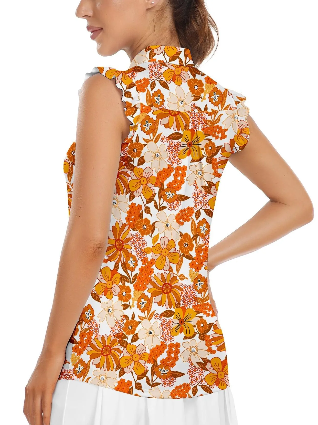 Soneven Ladies Golf Sleeveless Floral Athletic Polo Shirts-💃🏼SO® Orange Floral Ruffle Sleeve Shirts Button Closure Moisture Wicking Tennis Shirts