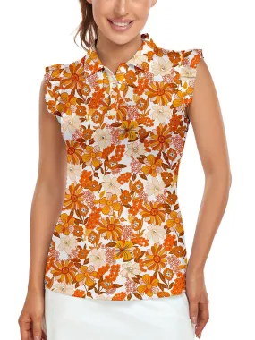 Soneven Ladies Golf Sleeveless Floral Athletic Polo Shirts-💃🏼SO® Orange Floral Ruffle Sleeve Shirts Button Closure Moisture Wicking Tennis Shirts