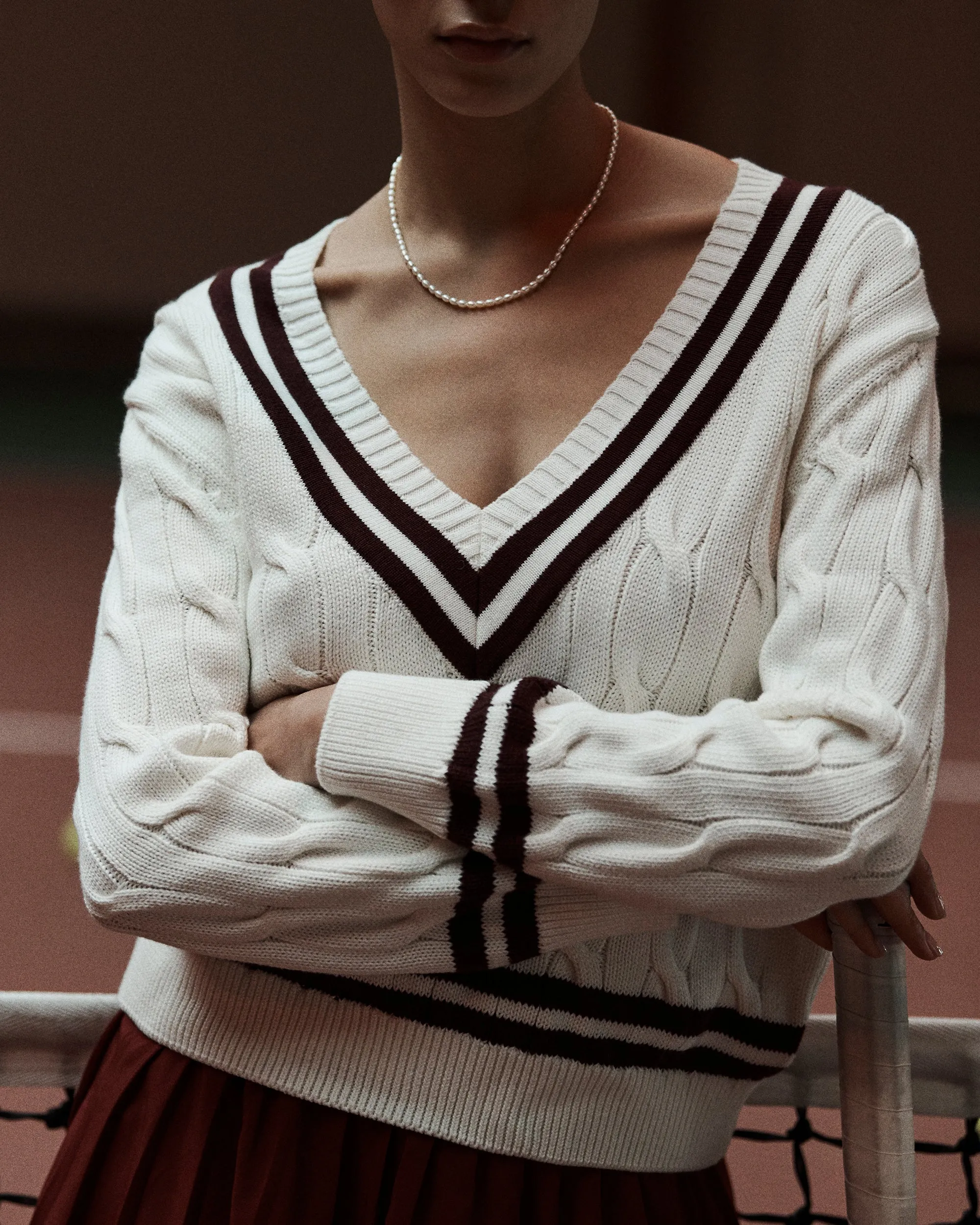 SRC Cableknit V-Neck Sweater - Off White/Merlot