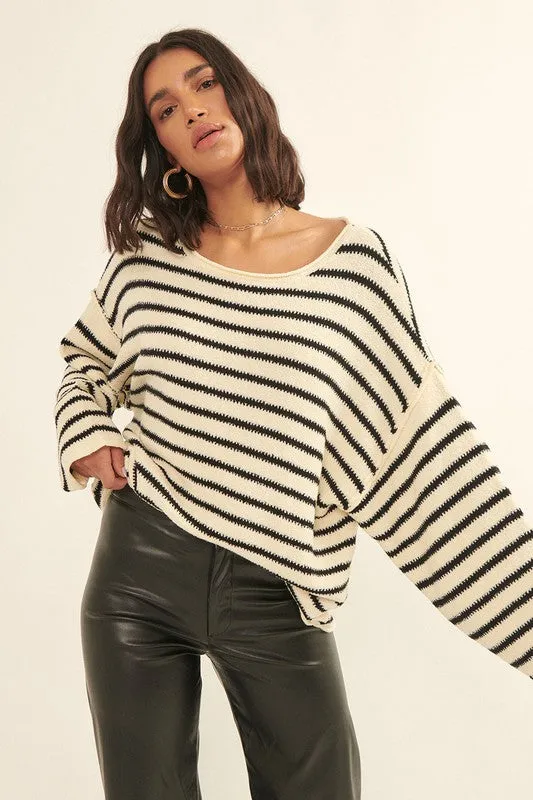 Striped Textured Knit Oversized Sweater