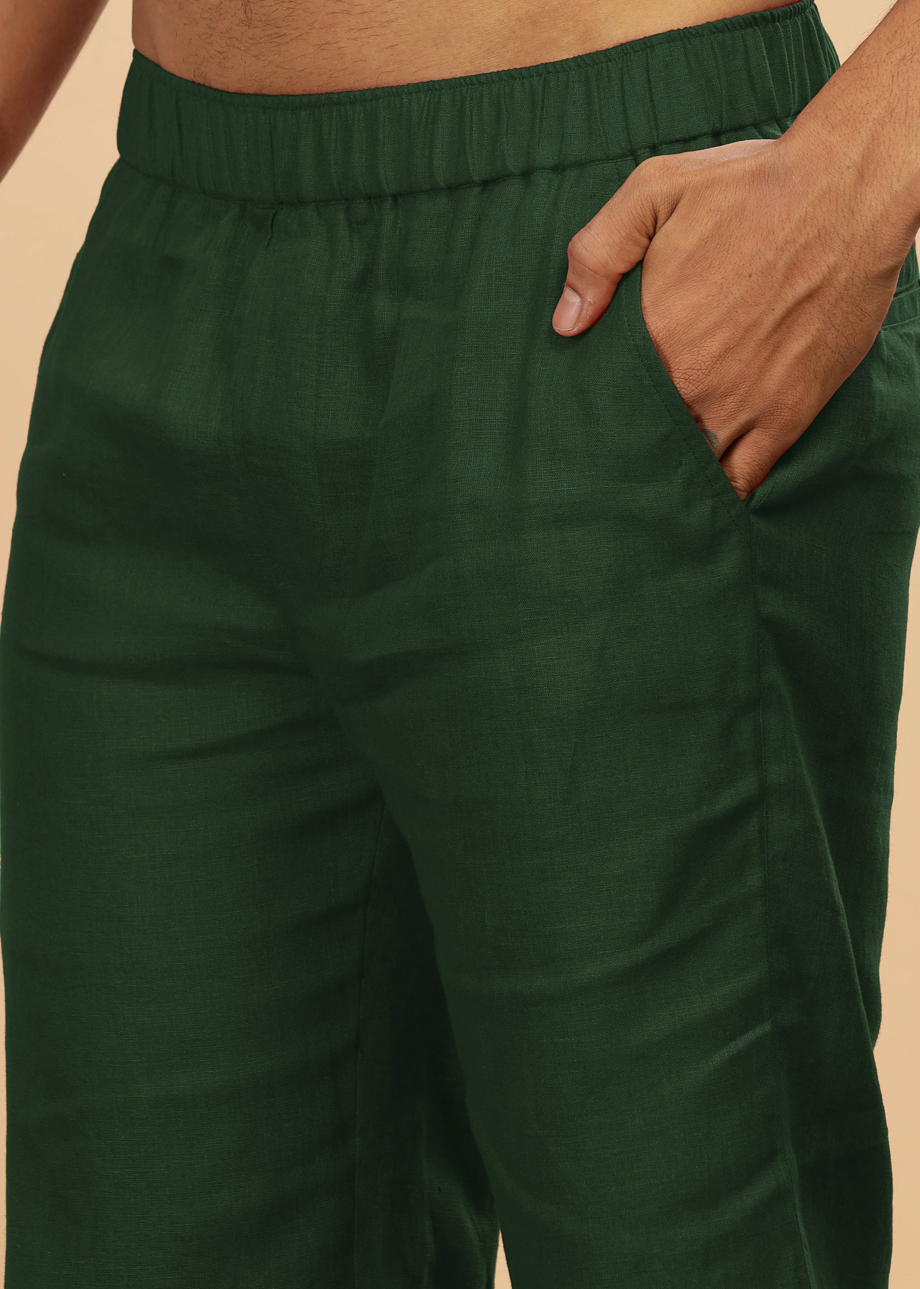 Trio Shorts - Pure Linen Shorts With Elastic Band - Dark Green