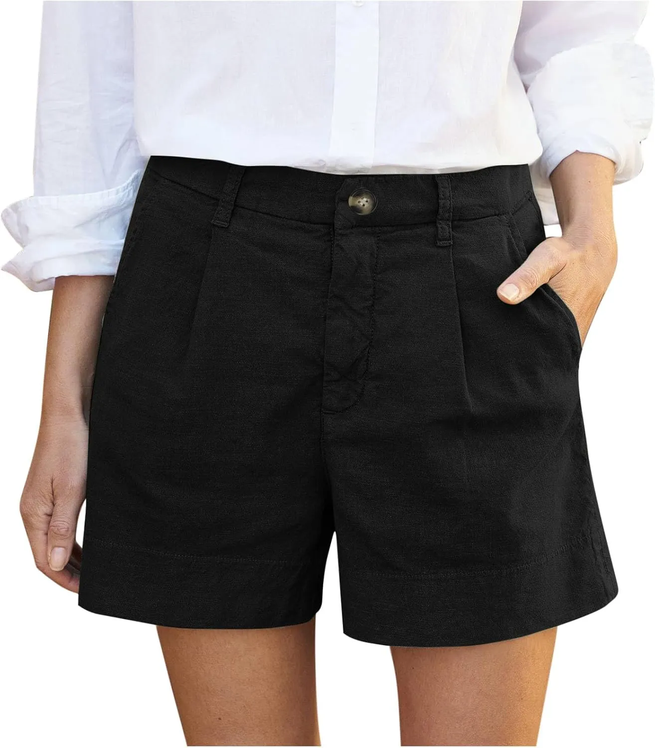 Women Linen Shorts Summer Casual Pleated High Waisted Work Beach Shorts Dressy Wide Leg Shorts with Pockets