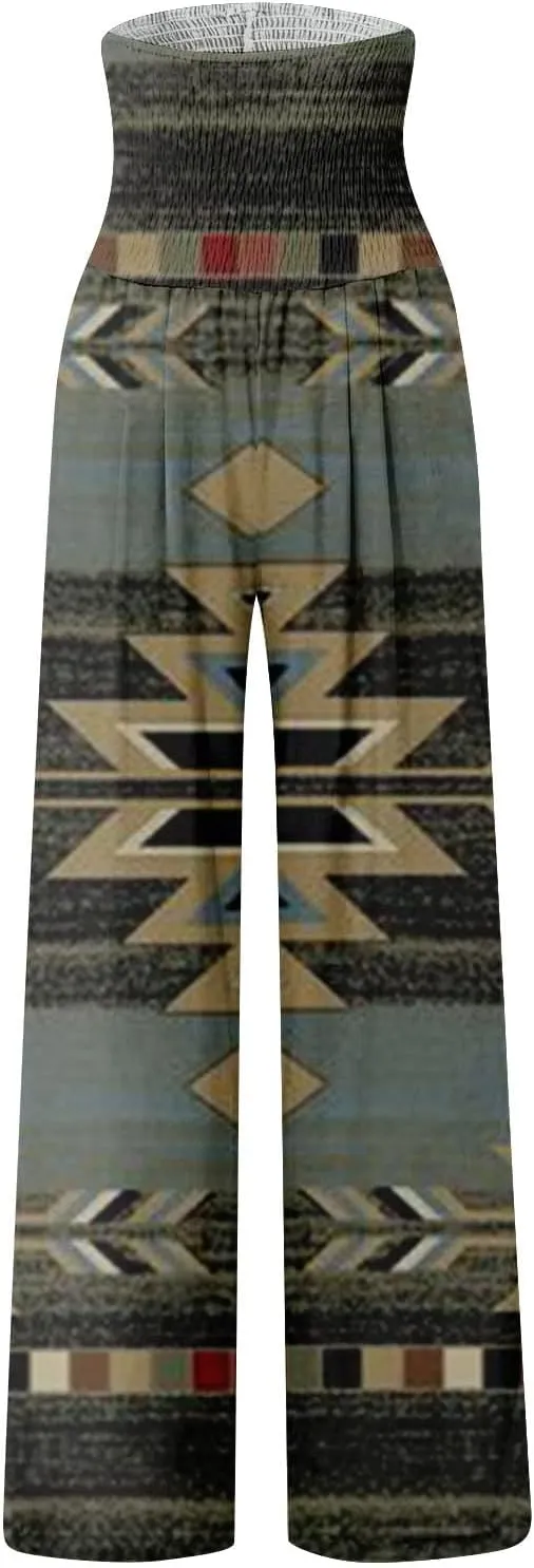 Women Summer High Waisted Linen Palazzo Pants Smocked High Waist Wide Leg Long Lounge Pant Trousers with Pocket