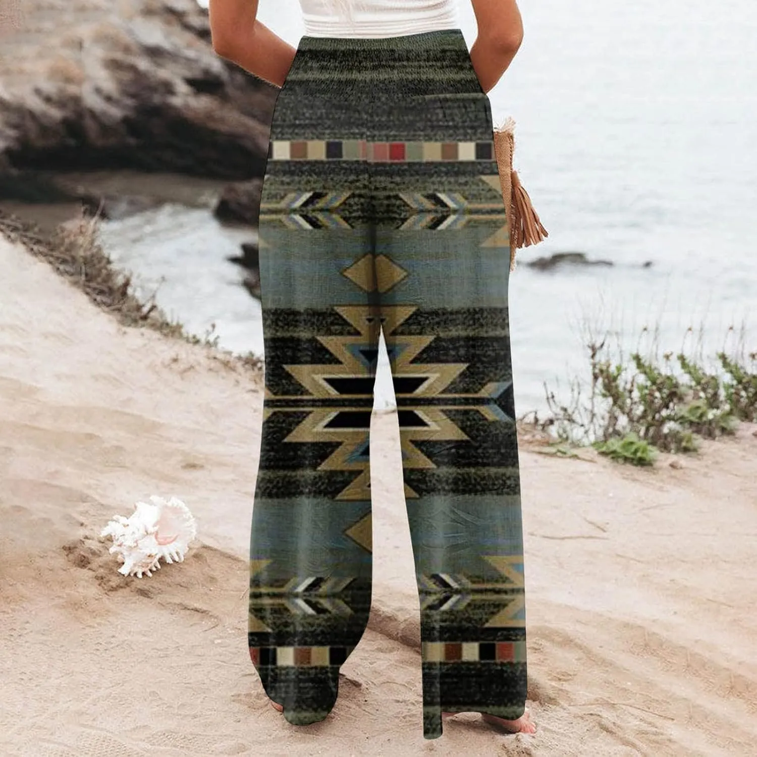 Women Summer High Waisted Linen Palazzo Pants Smocked High Waist Wide Leg Long Lounge Pant Trousers with Pocket