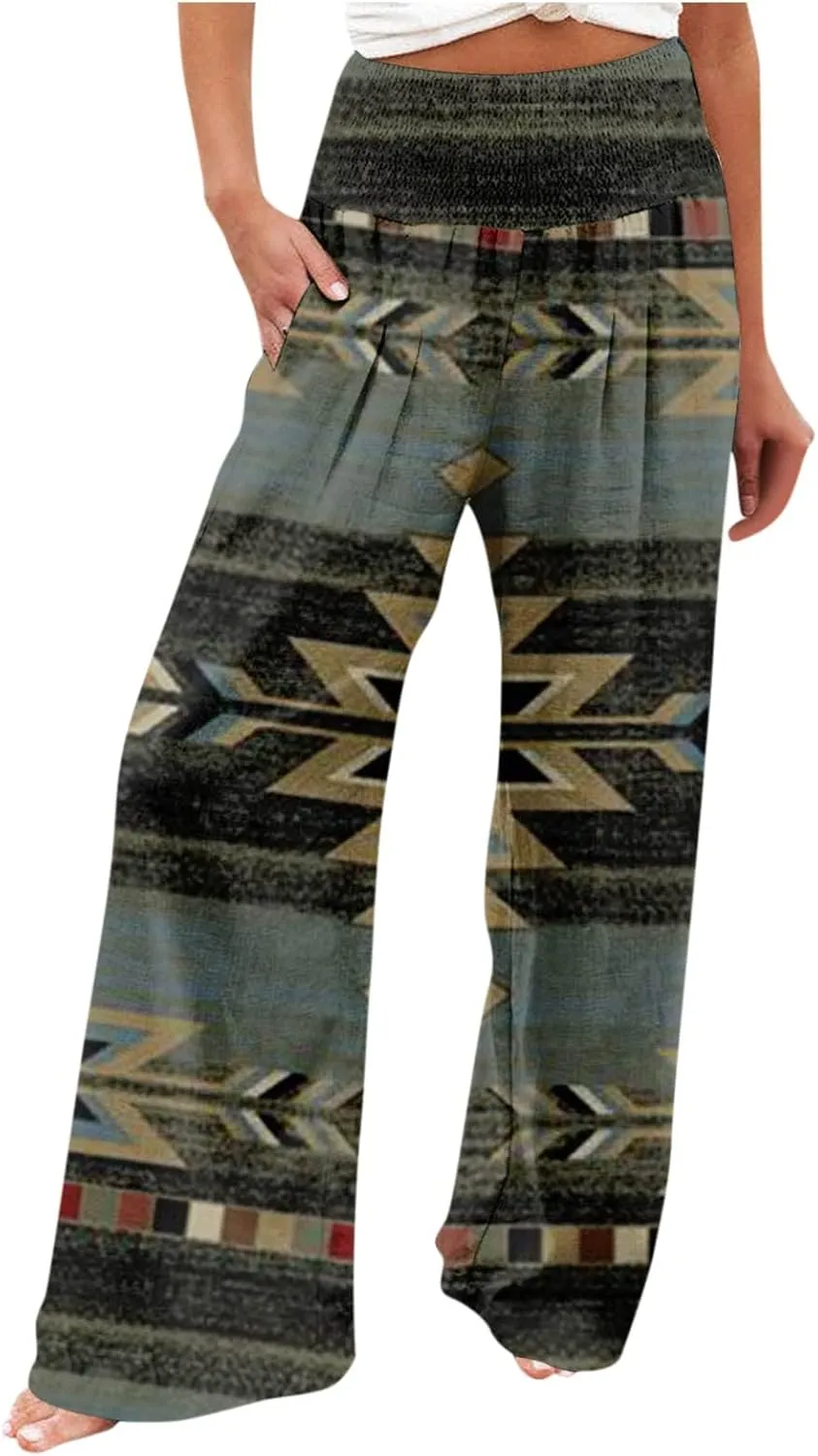 Women Summer High Waisted Linen Palazzo Pants Smocked High Waist Wide Leg Long Lounge Pant Trousers with Pocket