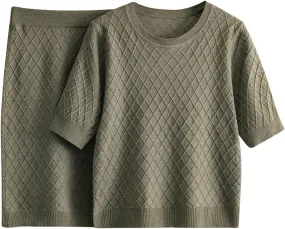 Womens 2 Piece Sweater Set Casual Cable Knit Short Sleeve Top Knee Length Skirt Loose Pullover Spring Fall Outfit