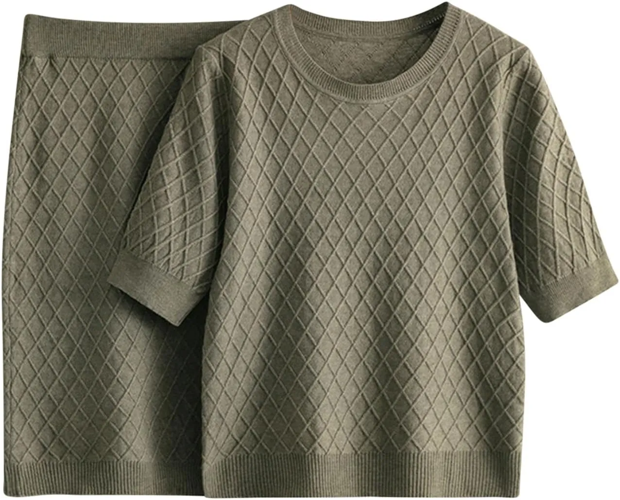 Womens 2 Piece Sweater Set Casual Cable Knit Short Sleeve Top Knee Length Skirt Loose Pullover Spring Fall Outfit