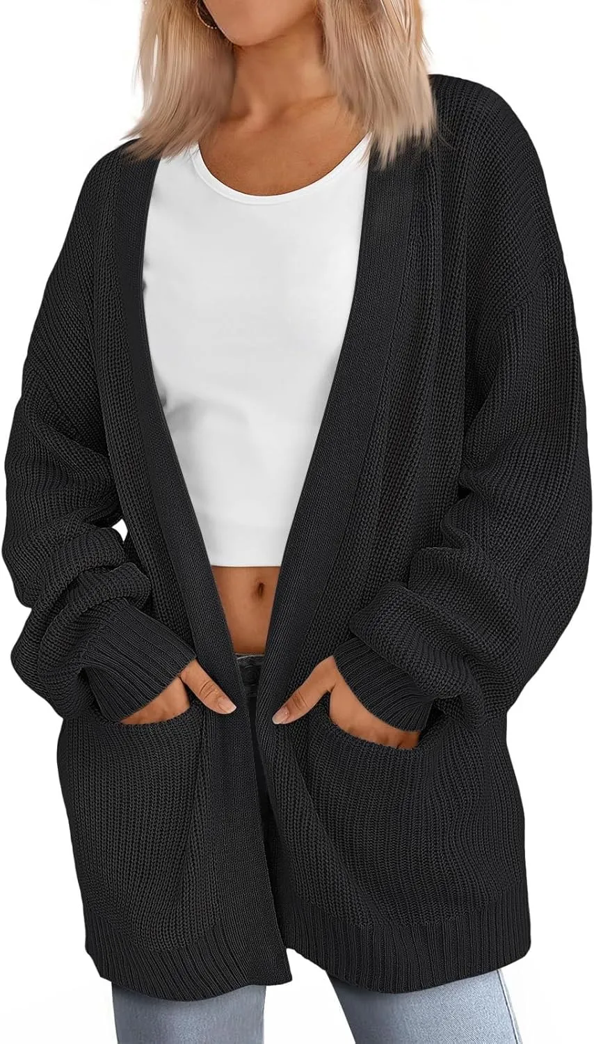 Womens 2024 Casual Fall Long Sleeve Open Front Waffle Knit Draped Cozy Cardigan Sweaters Outerwear with Pockets