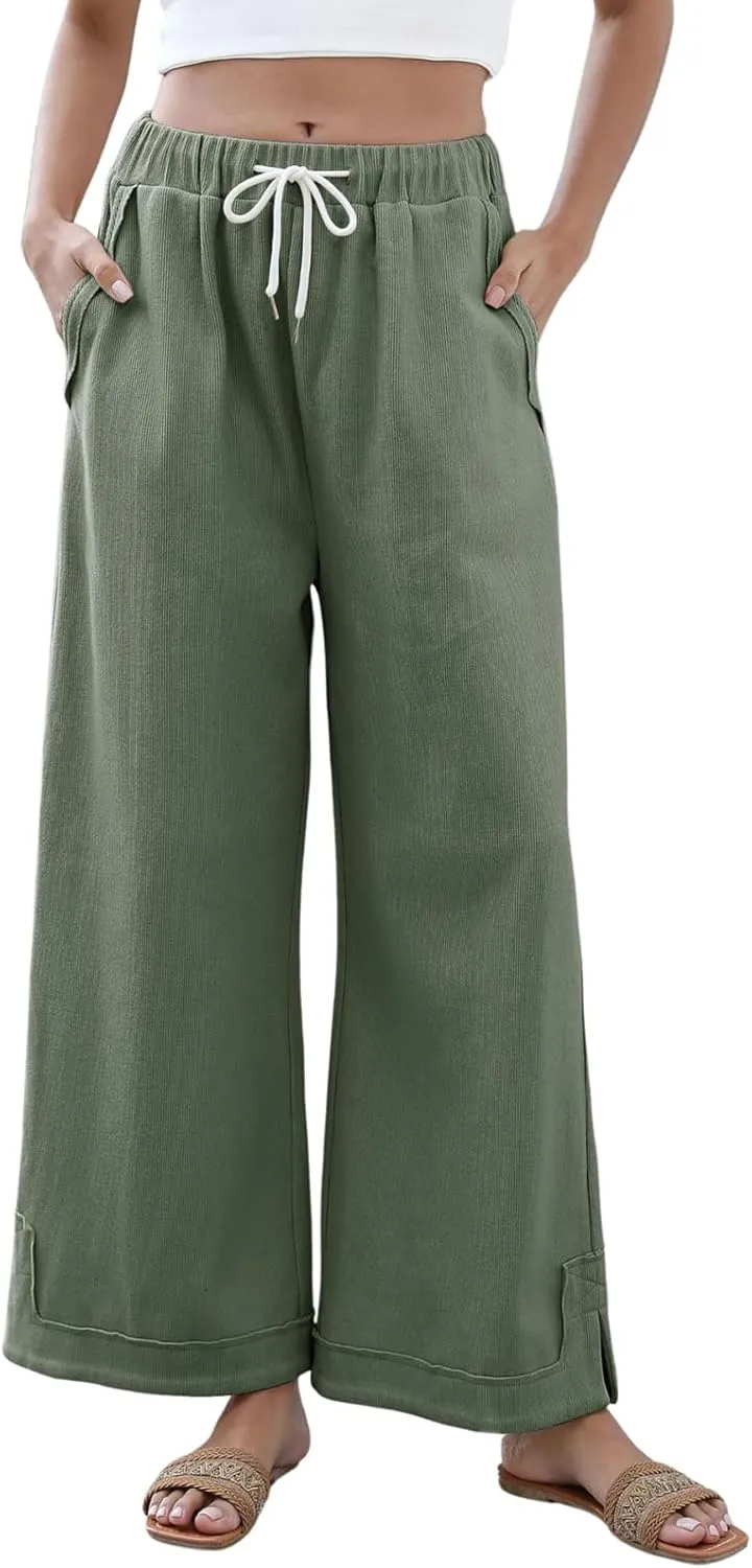 Womens Baggy Wide Leg Pants 2025 Summer Casual Loose Cotton Drawstring Elastic Waist Palazzo Trousers with Pockets