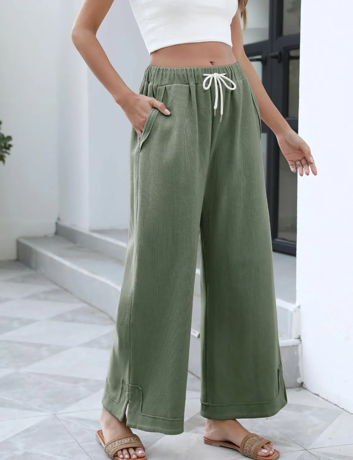 Womens Baggy Wide Leg Pants 2025 Summer Casual Loose Cotton Drawstring Elastic Waist Palazzo Trousers with Pockets