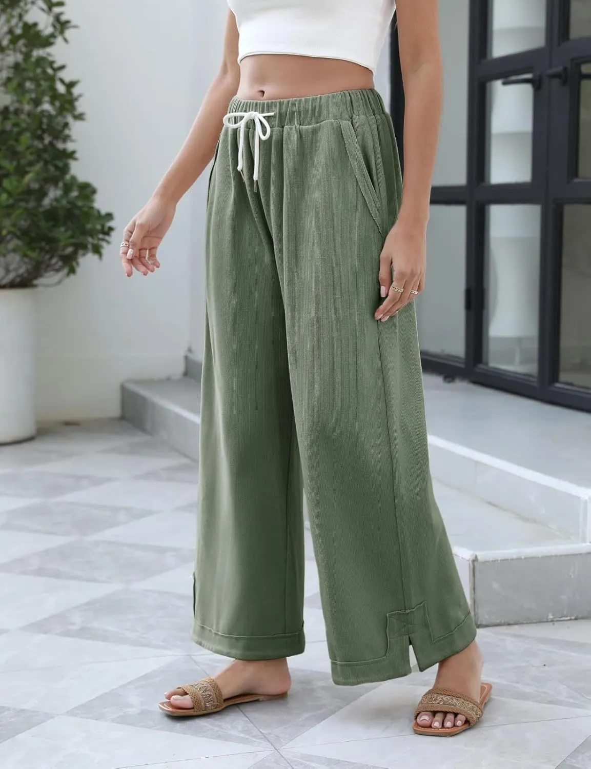 Womens Baggy Wide Leg Pants 2025 Summer Casual Loose Cotton Drawstring Elastic Waist Palazzo Trousers with Pockets