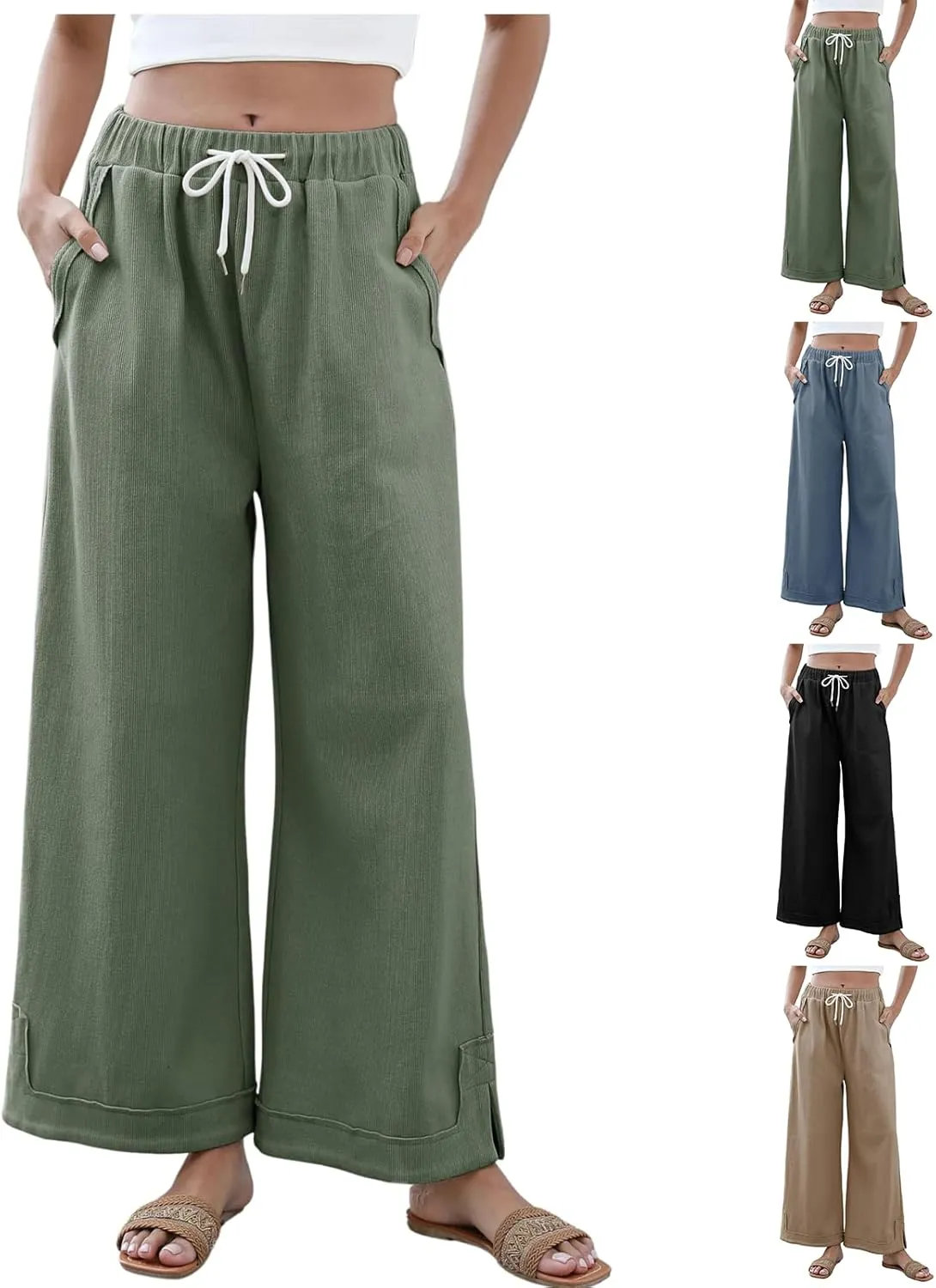 Womens Baggy Wide Leg Pants 2025 Summer Casual Loose Cotton Drawstring Elastic Waist Palazzo Trousers with Pockets
