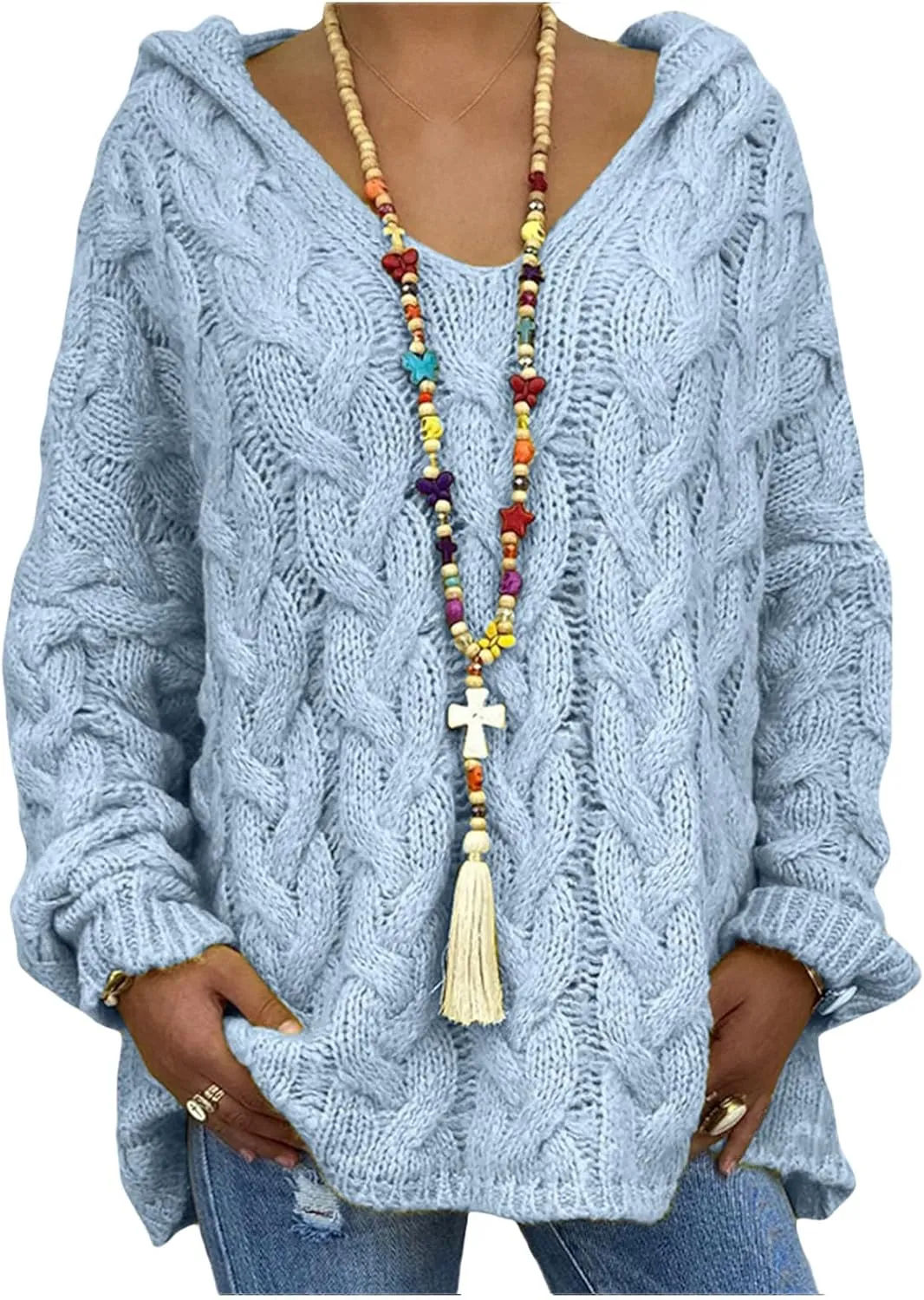 Womens Chunky Cable Knit Hooded Sweater Casual Loose V Neck Long Sleeve Pullover Hoodie Sweaters Winter Clothes 2024 Sky Blue