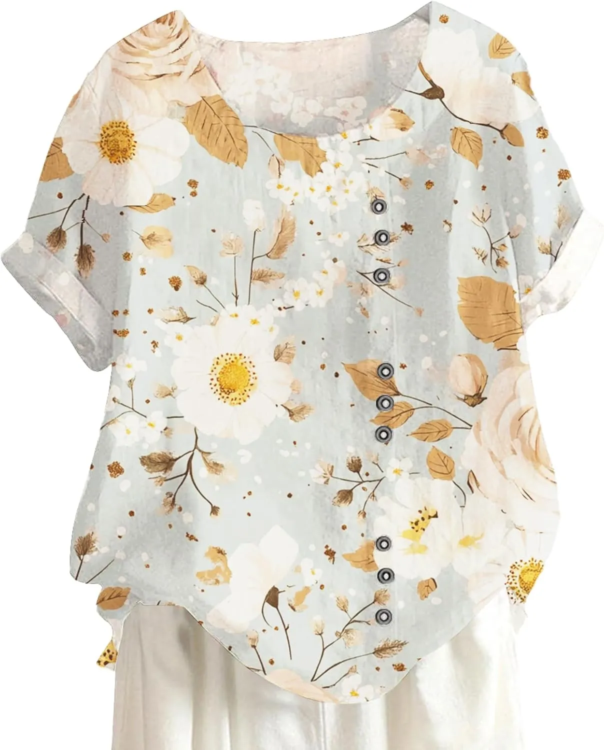 Women's Cotton Linen Tops Floral Short Sleeve Crewneck Boho Tunic Top Casual Loose Vacation T Shirt