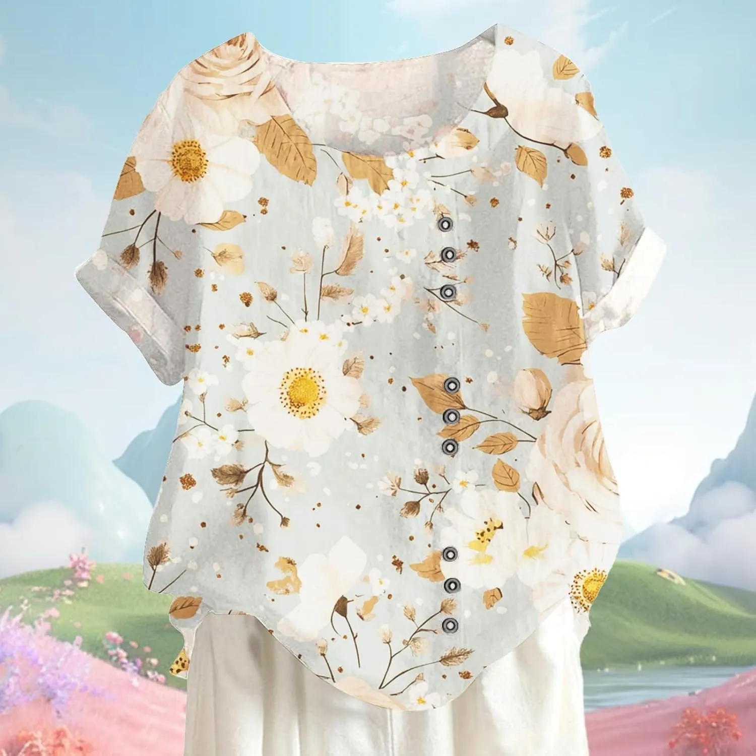 Women's Cotton Linen Tops Floral Short Sleeve Crewneck Boho Tunic Top Casual Loose Vacation T Shirt