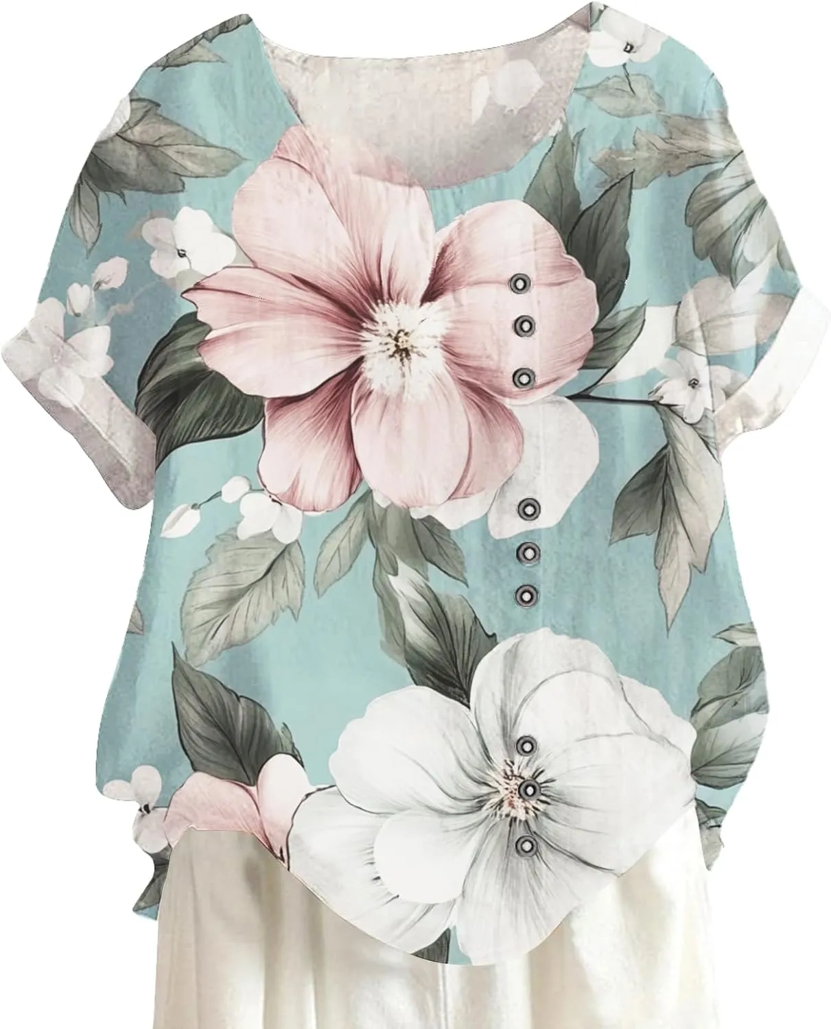 Women's Cotton Linen Tops Floral Short Sleeve Crewneck Boho Tunic Top Casual Loose Vacation T Shirt