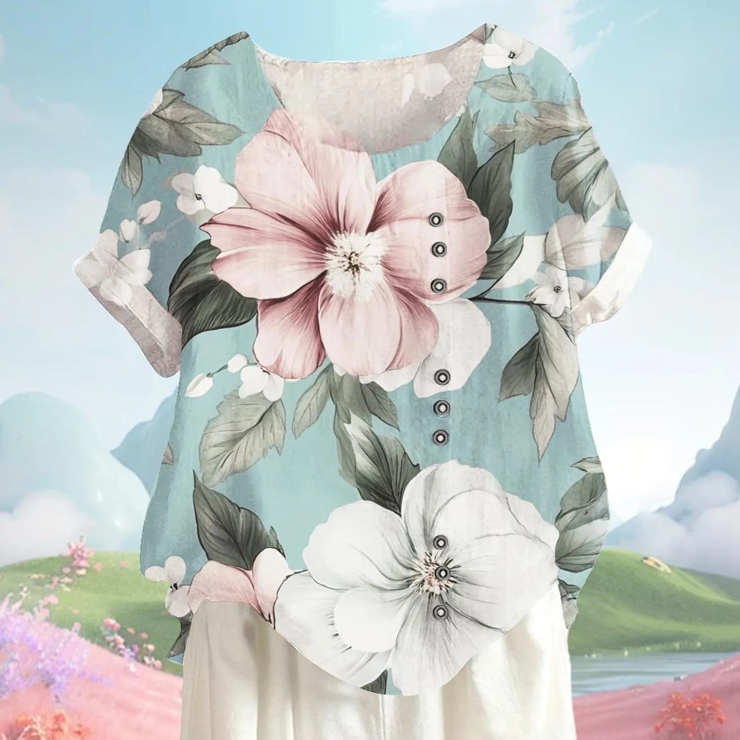 Women's Cotton Linen Tops Floral Short Sleeve Crewneck Boho Tunic Top Casual Loose Vacation T Shirt
